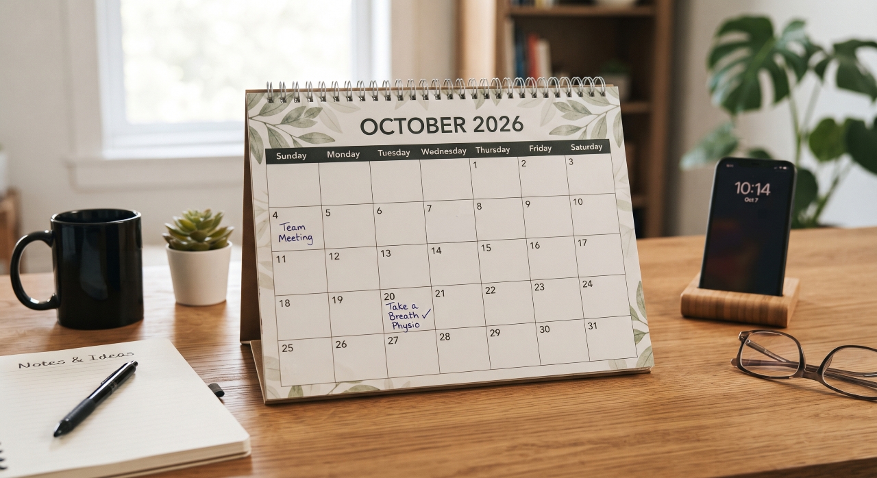 Calendar on desk with Take a Breath Physio appointment written on