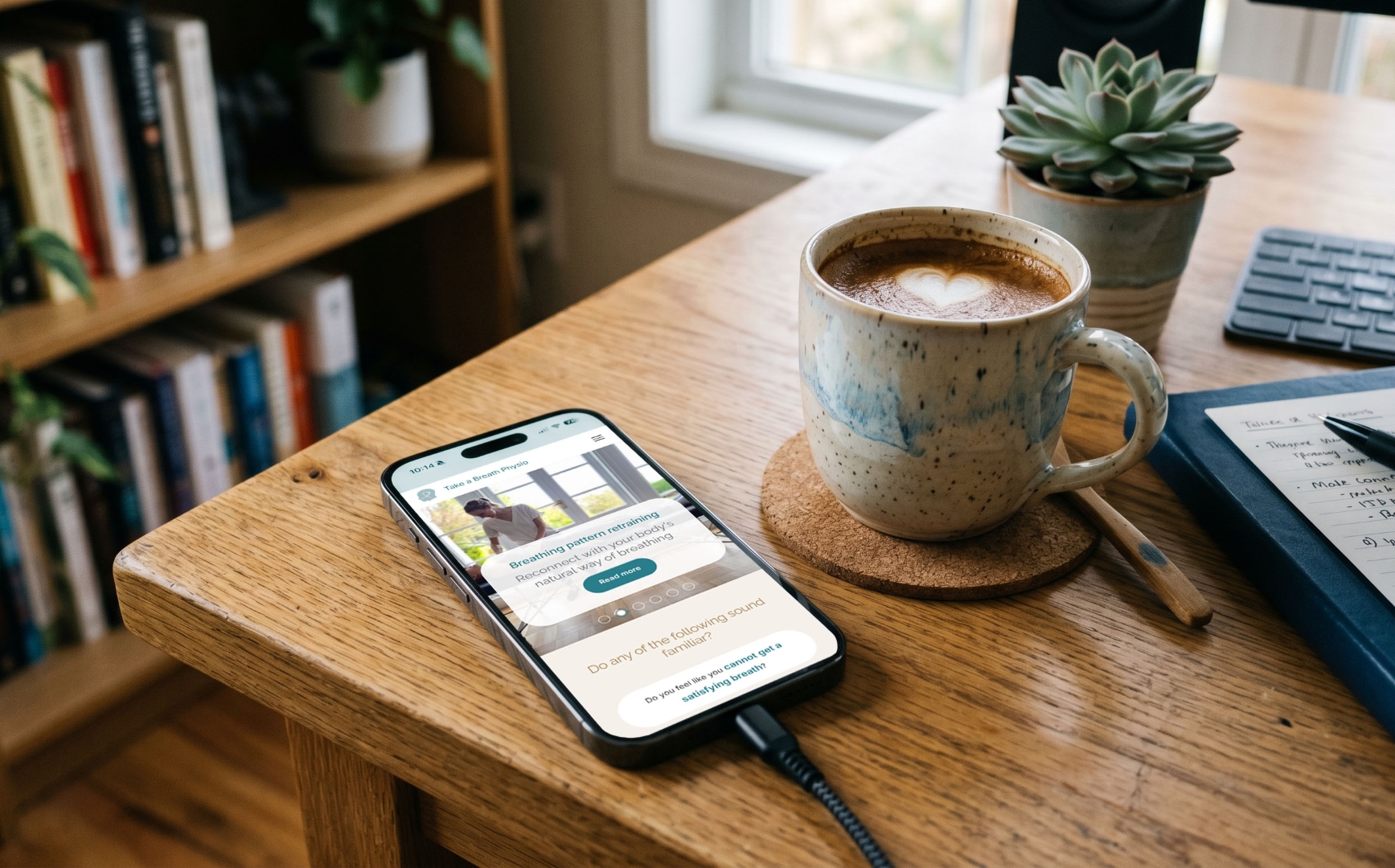 Phone and coffee on desk.  Phone displaying Take a Breath Physio website