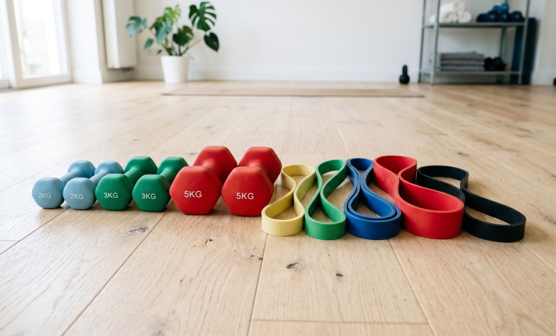 Weights and resistance bands on floor of gym
