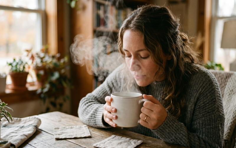 Woman inhaling steam from mug to help with chronic cough