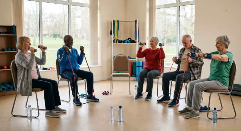 5 patients performing resistance exercises to help with lung condition