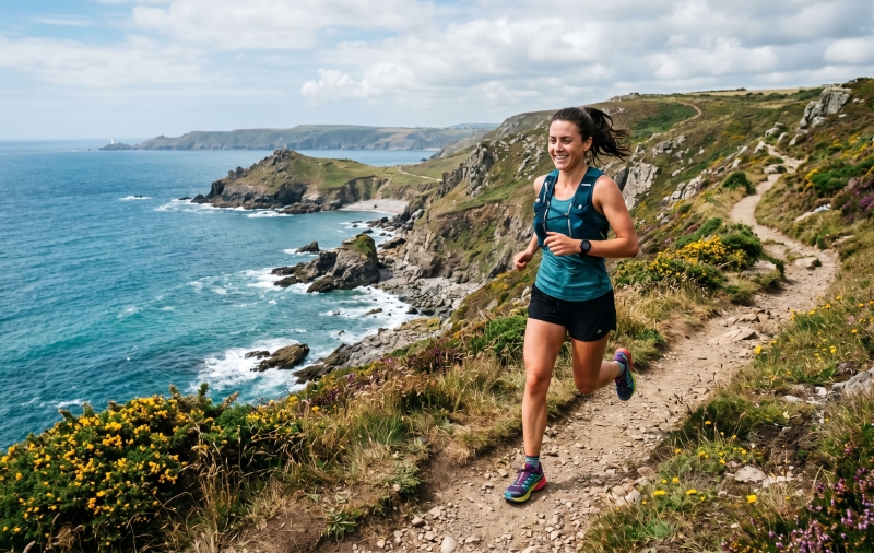 Young woman running on the coast path