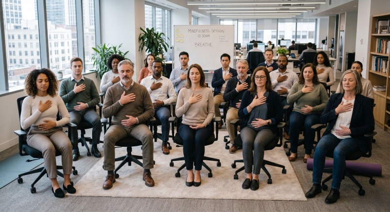Breathwork and mindfulness course in an office with members all practicing breathing techniques